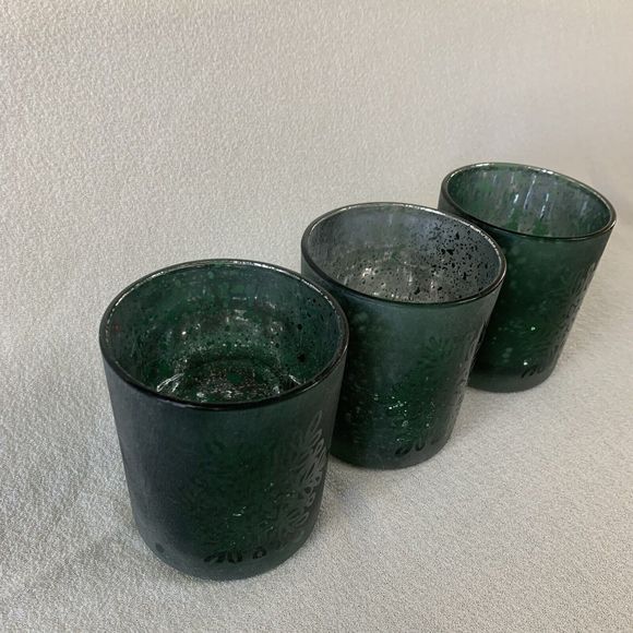 3 Glass Candle Holder Votive Tealight Christmas Holiday Snowflake Green Silver - Picture 6 of 16